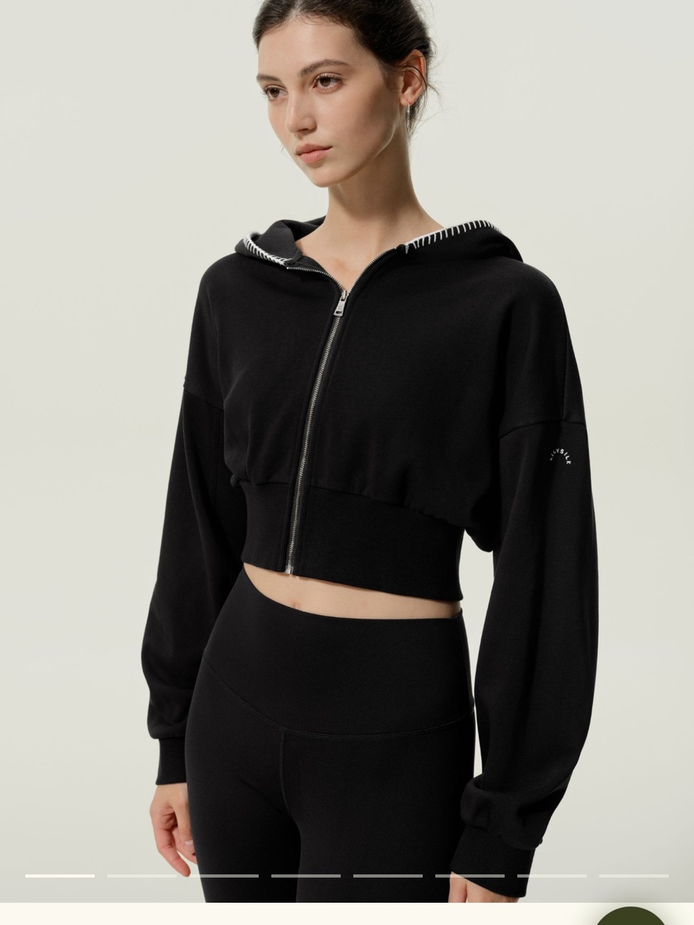 Women's Black Cropped Zip Hoodie with Hood Trim